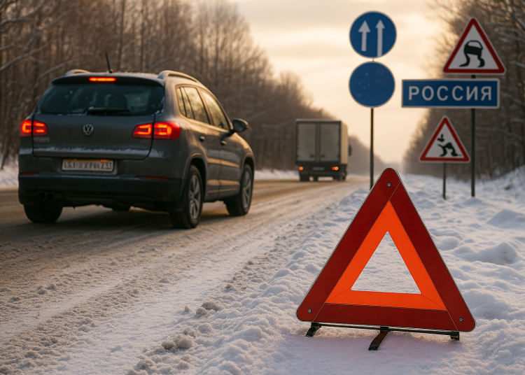 Реалистичная фотоиллюстрация в редакционно-журналистском стиле для российской ТВ-программы «Автограф» о правах автомобилистов, ПДД и безопасности на дорогах России. Тема выпуска: Зимние опасности для автомобилистов: как избежать неприятностей на доро