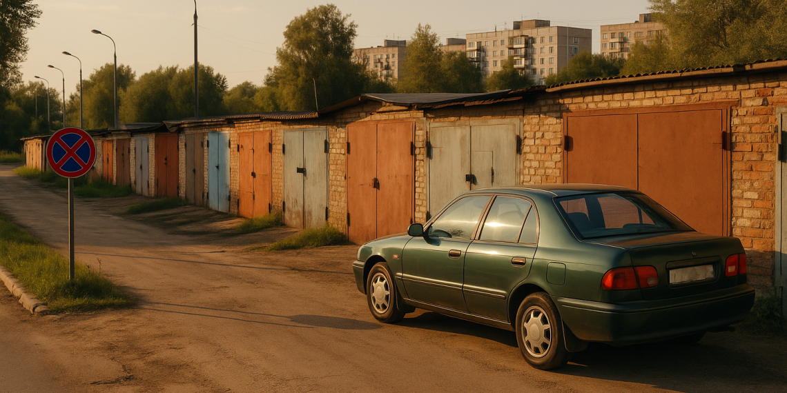 Реалистичная фотоиллюстрация в редакционно-журналистском стиле для российской ТВ-программы «Автограф» о правах автомобилистов, ПДД и безопасности на дорогах России. Тема выпуска: Гаражи в России: история, проблемы и перспективы. Уличная или дорожная