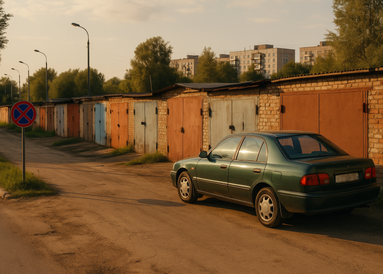 Реалистичная фотоиллюстрация в редакционно-журналистском стиле для российской ТВ-программы «Автограф» о правах автомобилистов, ПДД и безопасности на дорогах России. Тема выпуска: Гаражи в России: история, проблемы и перспективы. Уличная или дорожная
