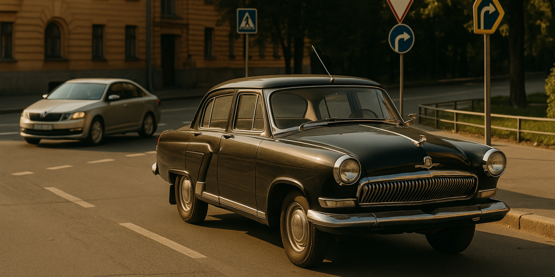 Реалистичная фотоиллюстрация в редакционно-журналистском стиле для российской ТВ-программы «Автограф» о правах автомобилистов, ПДД и безопасности на дорогах России. Тема выпуска: Автомобиль в кино: от исторических эпох до современных сюжетов. Уличная