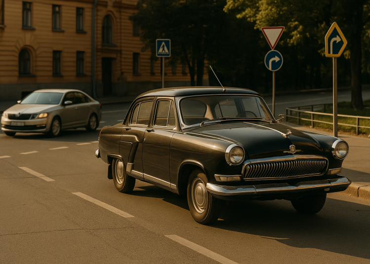 Реалистичная фотоиллюстрация в редакционно-журналистском стиле для российской ТВ-программы «Автограф» о правах автомобилистов, ПДД и безопасности на дорогах России. Тема выпуска: Автомобиль в кино: от исторических эпох до современных сюжетов. Уличная