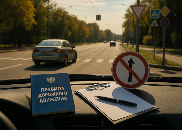 Реалистичная фотоиллюстрация в редакционно-журналистском стиле для российской ТВ-программы «Автограф» о правах автомобилистов, ПДД и безопасности на дорогах России. Тема выпуска: Изменения в правилах дорожного движения 2025 года: что нового для автом