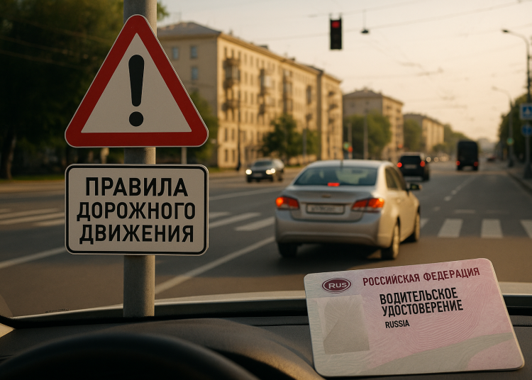 Реалистичная фотоиллюстрация в редакционно-журналистском стиле для российской ТВ-программы «Автограф» о правах автомобилистов, ПДД и безопасности на дорогах России. Тема выпуска: Изменения в правилах дорожного движения: что нового для автомобилистов?